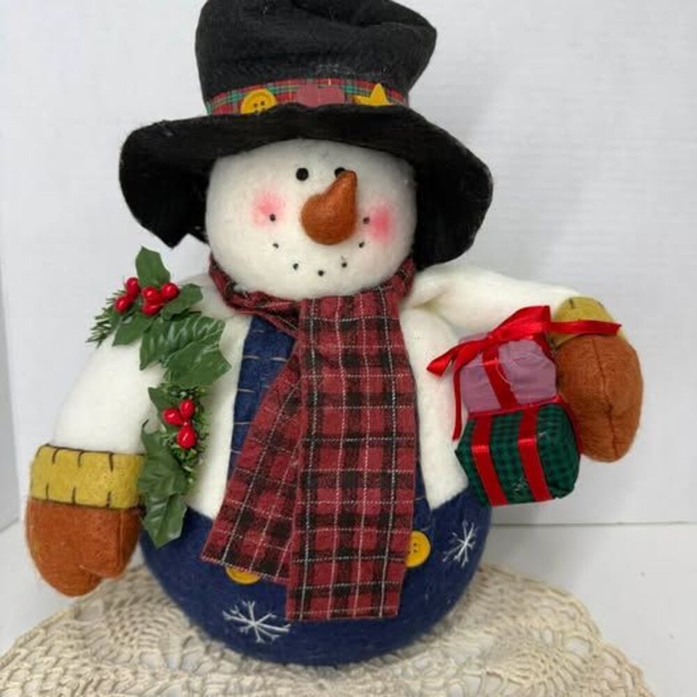 Primitive Felt Snowman Figurine 12” Winter Decoration